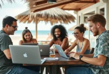Grupo de nômades digitais trabalhando em um café à beira da praia.