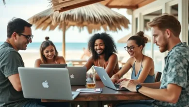 Grupo de nômades digitais trabalhando em um café à beira da praia.