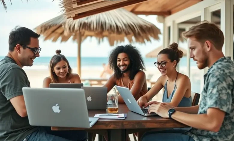 Grupo de nômades digitais trabalhando em um café à beira da praia.