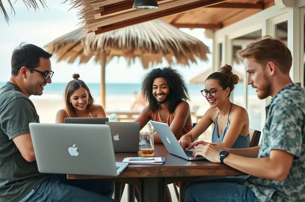 Grupo de nômades digitais trabalhando em um café à beira da praia.