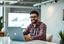 Empreendedor digital satisfeito olhando para gráficos de crescimento na tela do laptop.