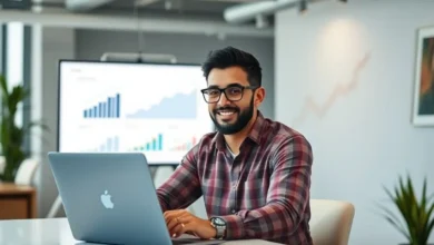 Empreendedor digital satisfeito olhando para gráficos de crescimento na tela do laptop.