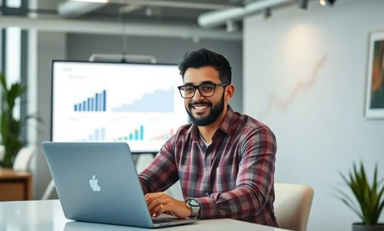 7 Estratégias Para Tornar Sua Empresa Digital Muito Mais Lucrativa - Web Nômade Digital Empreendedor digital satisfeito olhando para gráficos de crescimento na tela do laptop.