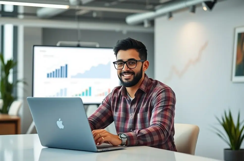Empreendedor digital satisfeito olhando para gráficos de crescimento na tela do laptop.