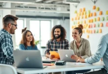Grupo de empreendedores digitais discutindo ideias em um escritório moderno.