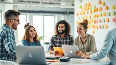 Grupo de empreendedores digitais discutindo ideias em um escritório moderno.