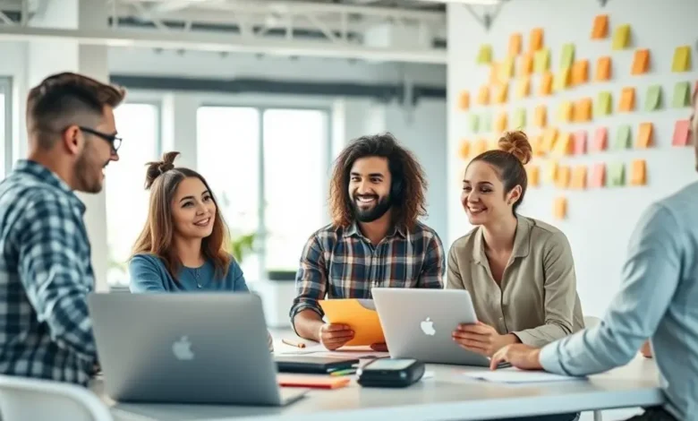 Grupo de empreendedores digitais discutindo ideias em um escritório moderno.