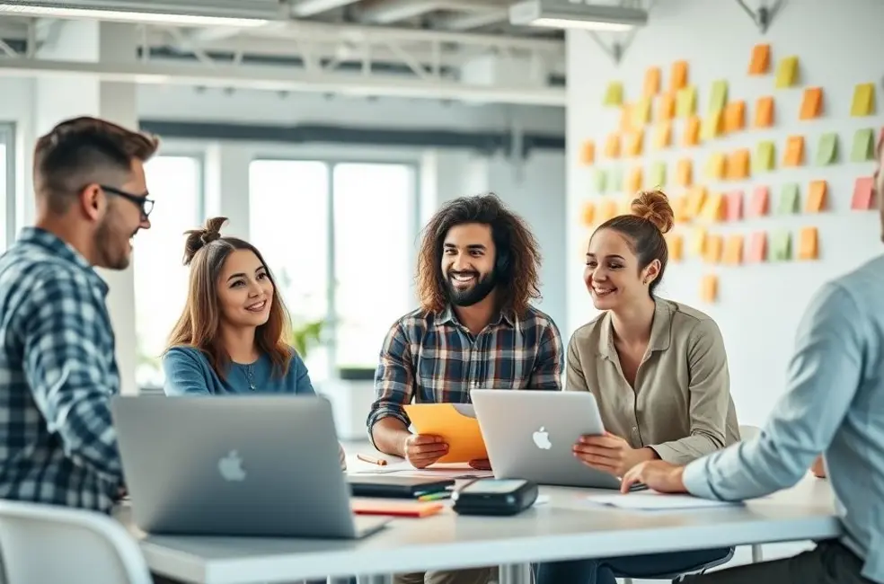 Grupo de empreendedores digitais discutindo ideias em um escritório moderno.