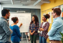 Mentores e empreendedores interagindo em um ambiente de aprendizado.