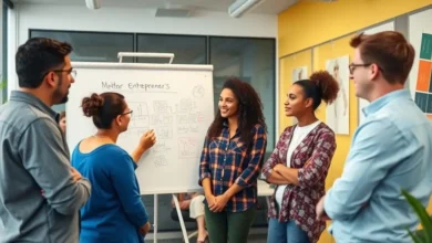 Mentores e empreendedores interagindo em um ambiente de aprendizado.