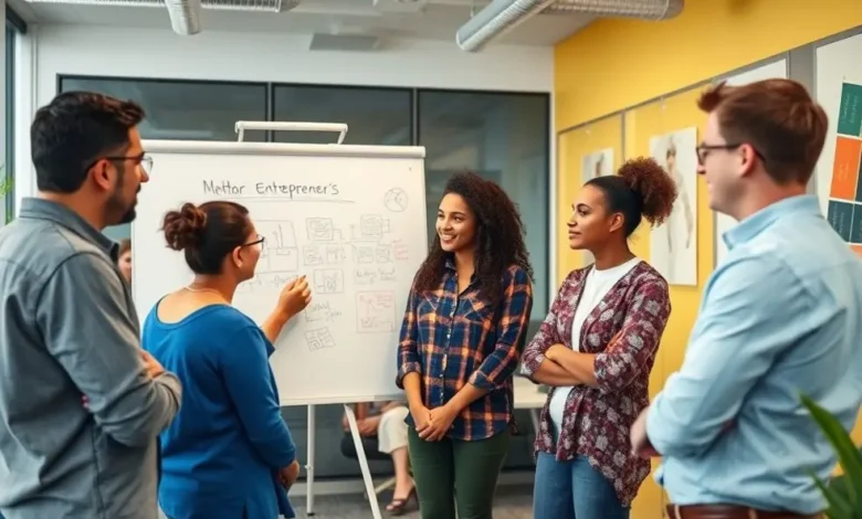 7 Estratégias Poderosas de Mentoria Empresarial para Empreendedores - Web Nômade Digital Mentores e empreendedores interagindo em um ambiente de aprendizado.