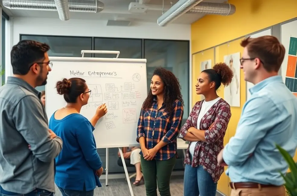 Mentores e empreendedores interagindo em um ambiente de aprendizado.