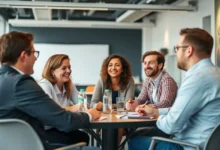 Um grupo de profissionais participando de uma reunião de mentoria.
