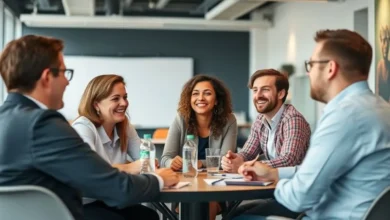 Um grupo de profissionais participando de uma reunião de mentoria.