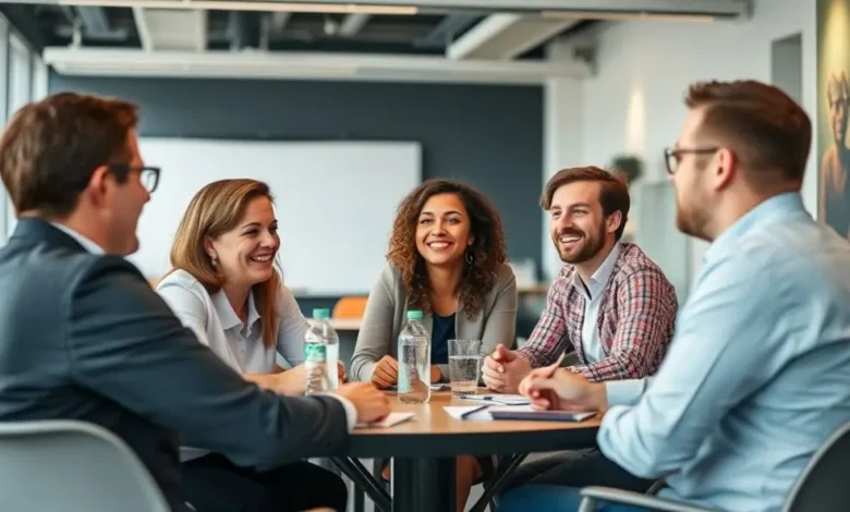 Um grupo de profissionais participando de uma reunião de mentoria.