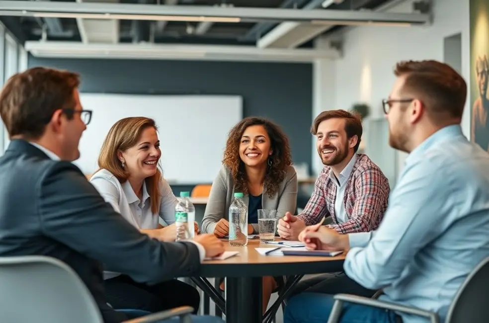 Um grupo de profissionais participando de uma reunião de mentoria.