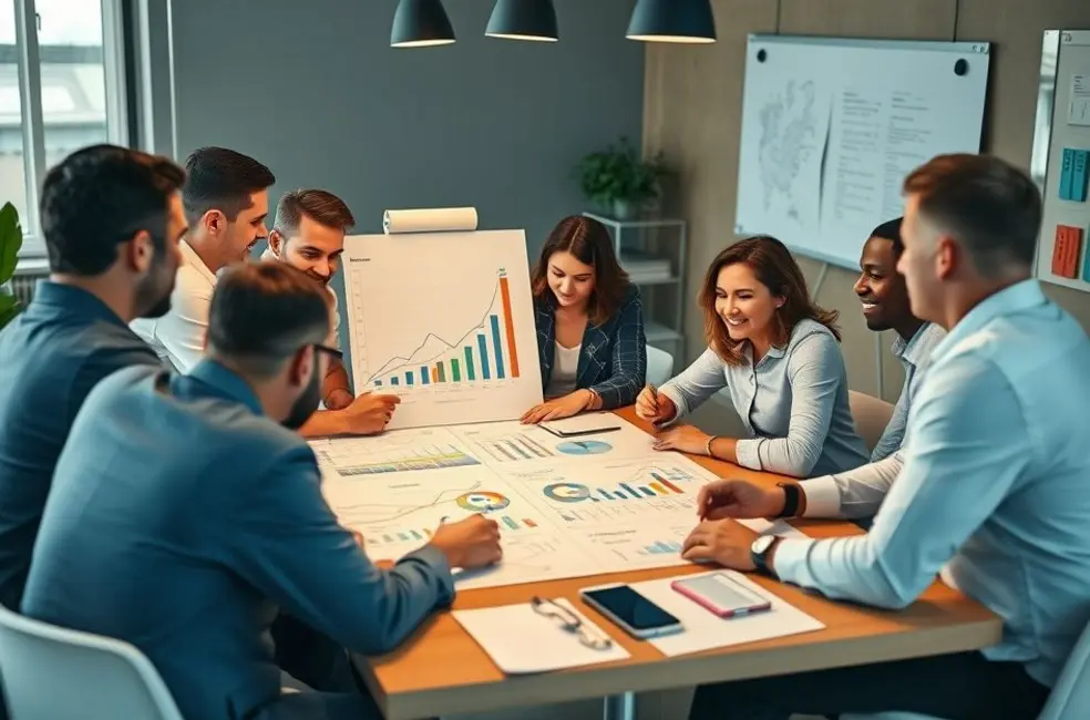 Grupo diverso de empreendedores colaborando para o crescimento.