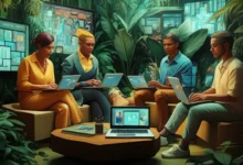 Grupo diverso de nômades digitais trabalhando em um ambiente sustentável