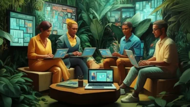 Grupo diverso de nômades digitais trabalhando em um ambiente sustentável
