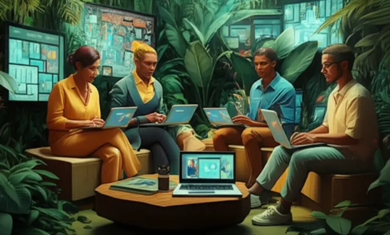 Grupo diverso de nômades digitais trabalhando em um ambiente sustentável