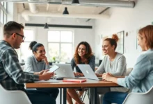 Empreendedores colaborando em um espaço de co-working moderno