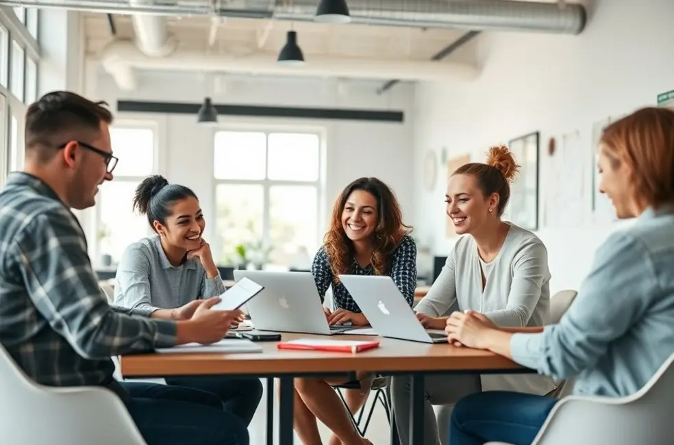 Empreendedores colaborando em um espaço de co-working moderno