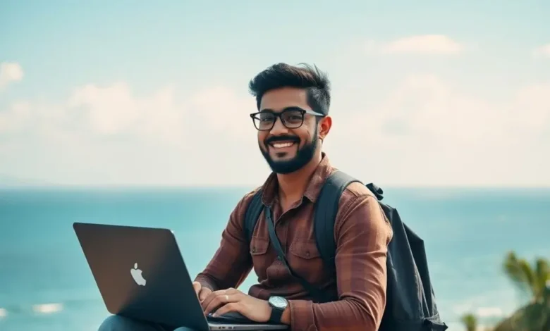 7 Dicas Poderosas para Aumentar sua Carteira de Clientes como Nômade Digital - Web Nômade Digital Nômade digital feliz trabalhando em um cenário deslumbrante, mostrando a liberdade do estilo de vida empreendedor.