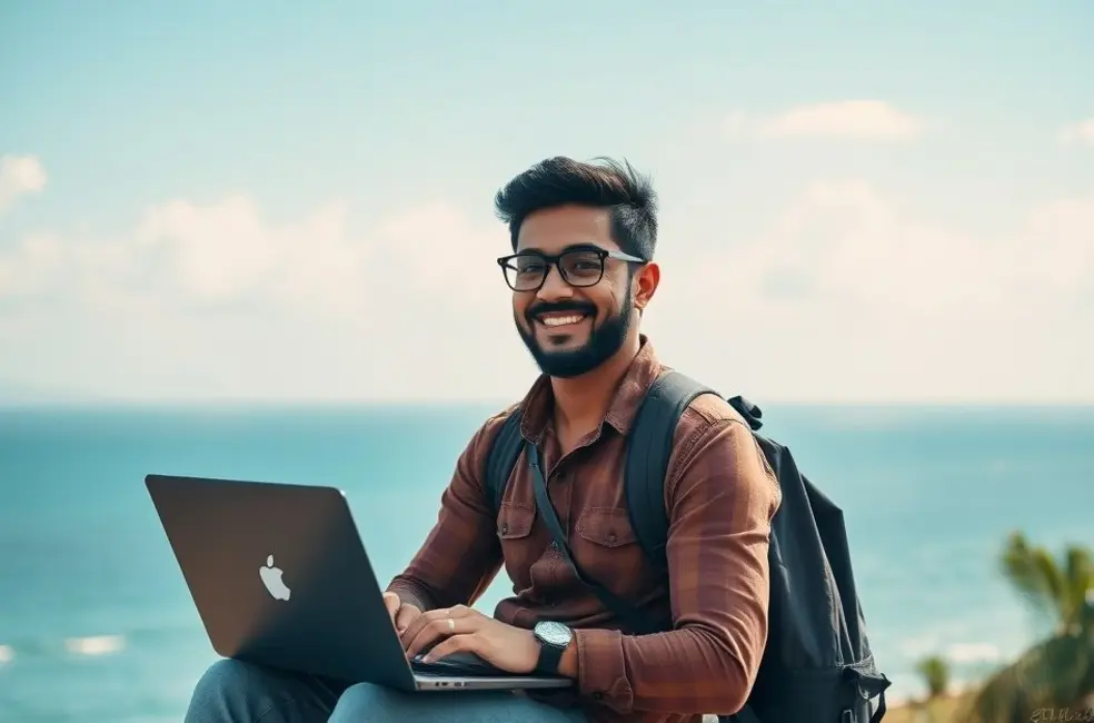 Nômade digital feliz trabalhando em um cenário deslumbrante, mostrando a liberdade do estilo de vida empreendedor.