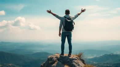 Nômade digital em um pico montanhoso, simbolizando liberdade