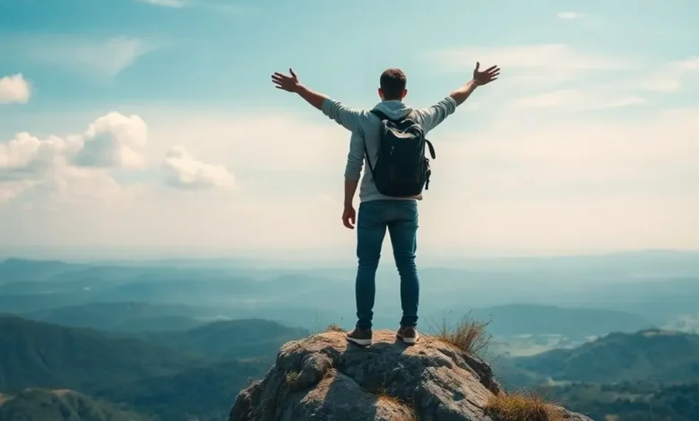 8 Estratégias Para Aumentar o Lucro do Seu Negócio Como Nômade Digital - Web Nômade Digital Nômade digital em um pico montanhoso, simbolizando liberdade