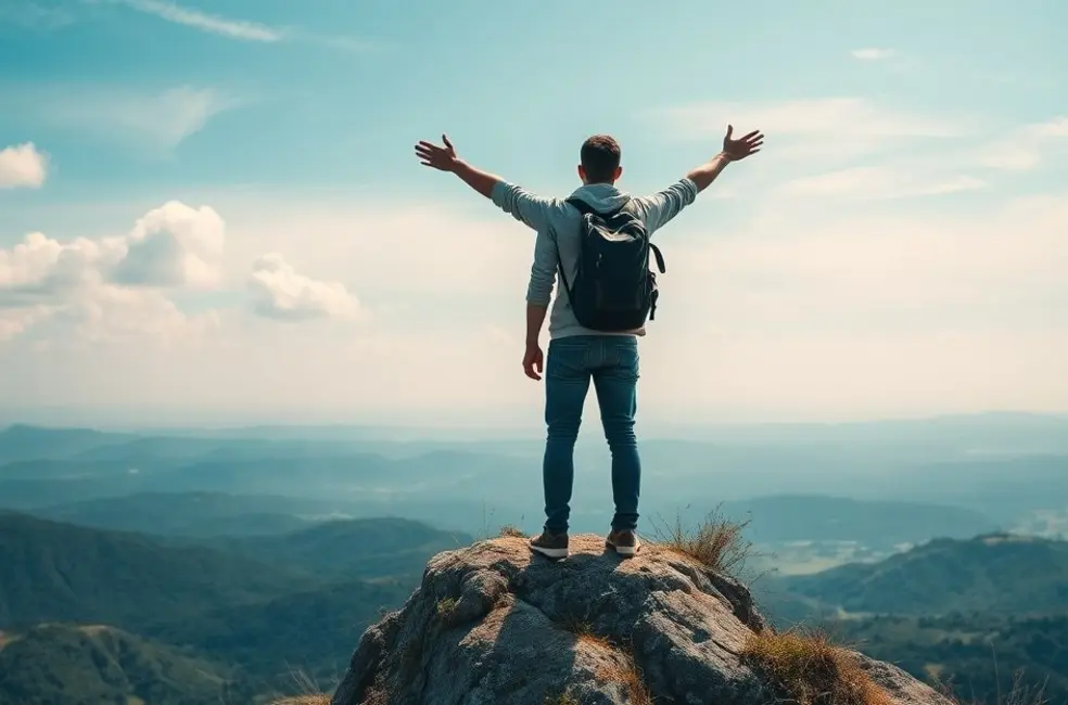 Nômade digital em um pico montanhoso, simbolizando liberdade