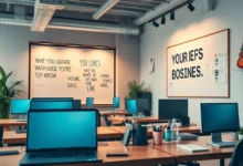 Espaço de nômade digital com frases motivacionais e metas de negócios.