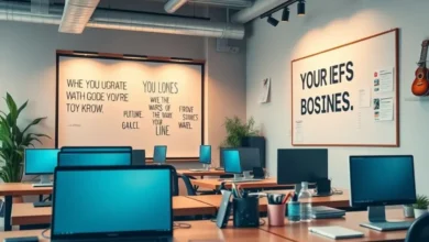 Espaço de nômade digital com frases motivacionais e metas de negócios.