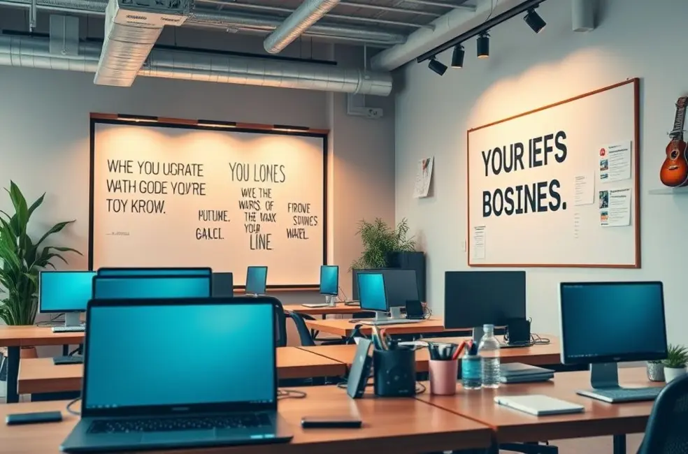 Espaço de nômade digital com frases motivacionais e metas de negócios.