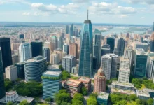 Cidade vibrante mostrando práticas sustentáveis no empreendedorismo.