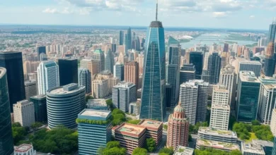 Cidade vibrante mostrando práticas sustentáveis no empreendedorismo.
