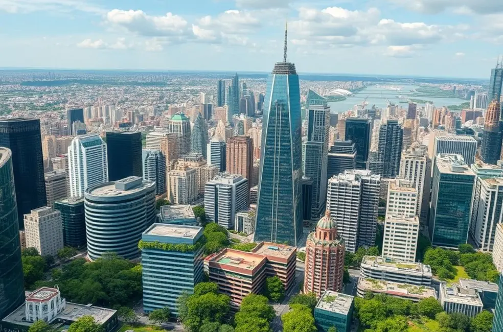 Cidade vibrante mostrando práticas sustentáveis no empreendedorismo.