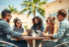 Nômades digitais compartilhando ideias em um espaço de trabalho colaborativo ao ar livre.