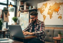 Um nômade digital trabalhando em um café, cercado por elementos inspiradores.