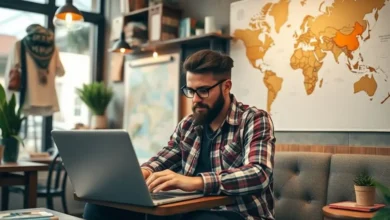 Um nômade digital trabalhando em um café, cercado por elementos inspiradores.