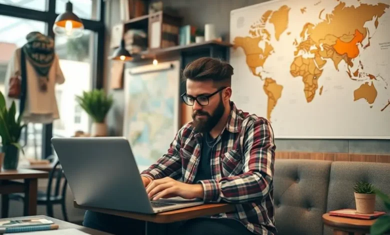 7 Estratégias Para Empreendedores Nômades Digitais Aumentarem a Lucratividade - Web Nômade Digital Um nômade digital trabalhando em um café, cercado por elementos inspiradores.