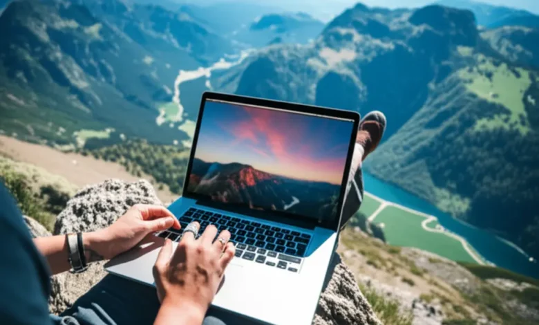 7 Mitos e Verdades sobre Empreender de Forma Remota - Web Nômade Digital Nômade digital trabalhando em um laptop em uma montanha.