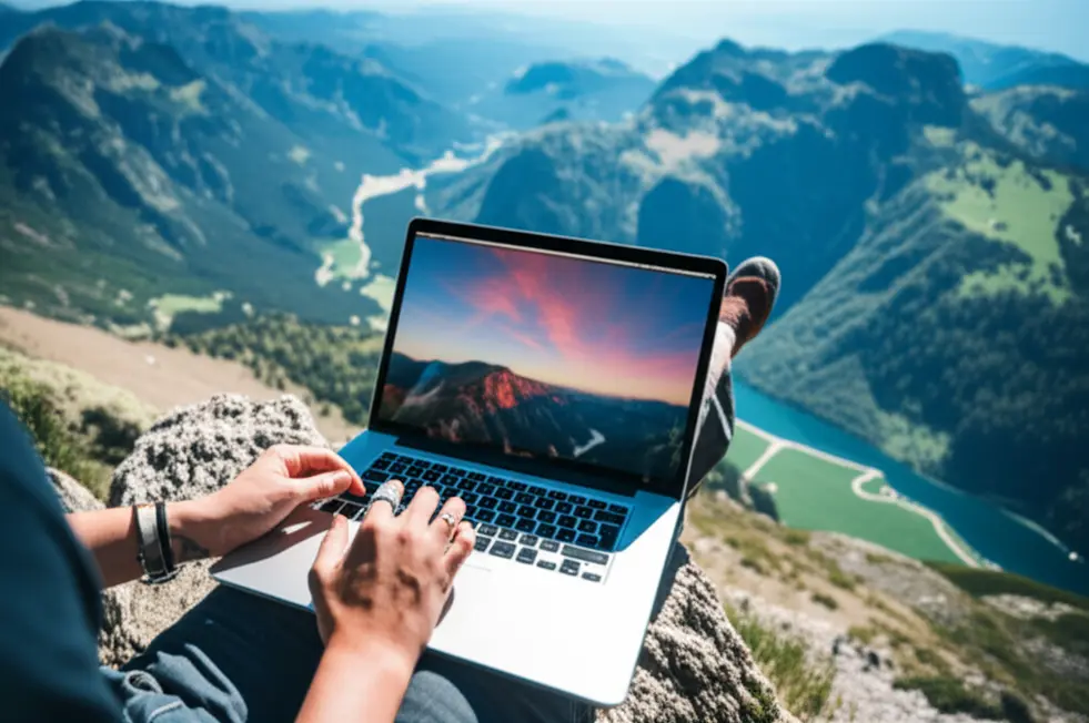 Nômade digital trabalhando em um laptop em uma montanha.