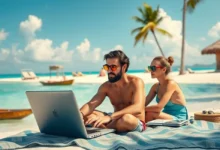 Nômades digitais equilibrando trabalho e lazer com laptops em locais paradisíacos.