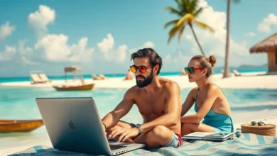 Nômades digitais equilibrando trabalho e lazer com laptops em locais paradisíacos.