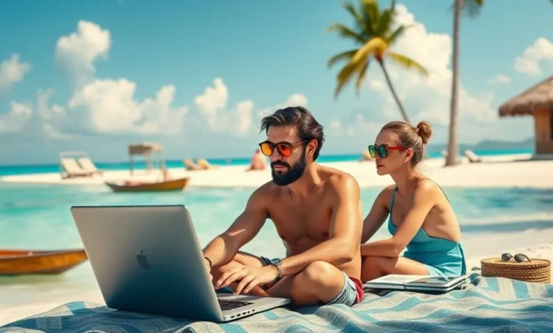 Nômades digitais equilibrando trabalho e lazer com laptops em locais paradisíacos.