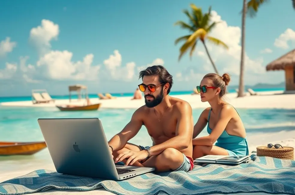 Nômades digitais equilibrando trabalho e lazer com laptops em locais paradisíacos.