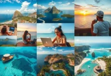 Montagem de nômades digitais em diferentes locais de trabalho, simbolizando diversidade e criatividade.
