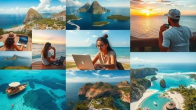 Montagem de nômades digitais em diferentes locais de trabalho, simbolizando diversidade e criatividade.
