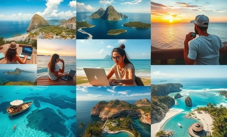 7 Estratégias Inovadoras para Aumentar o Lucro do Seu Negócio Como Nômade Digital - Web Nômade Digital Montagem de nômades digitais em diferentes locais de trabalho, simbolizando diversidade e criatividade.